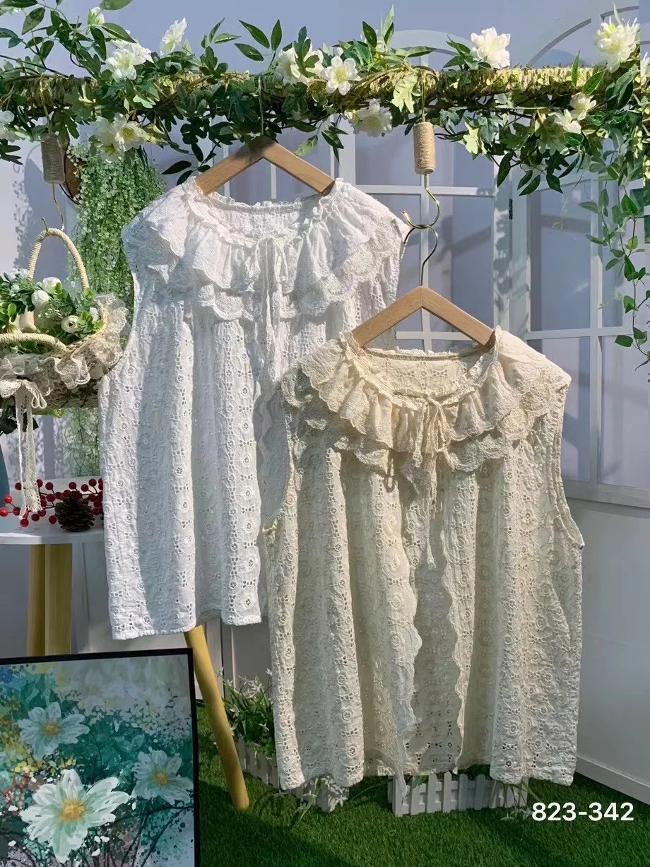 

Милый хлопковый жилет с кружевным воротником и вышивкой, открытый кардиган для девочек, однотонный многослойный жилет, хлопковый материал, обычная длина