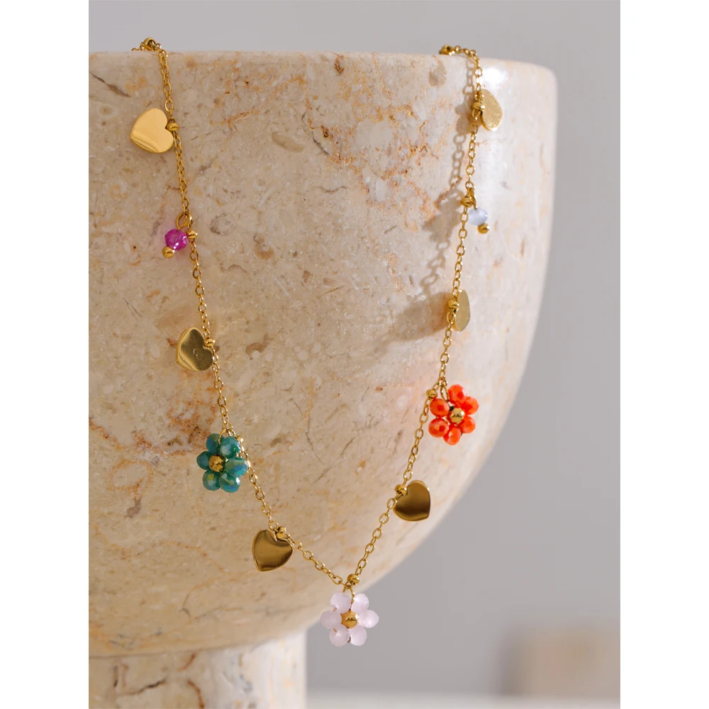 Yhpup Summer Fashion Crystal Flower Pendant Necklace for Women Stainless Steel Handmade Cute Collar Jewelry 2025 Waterproof