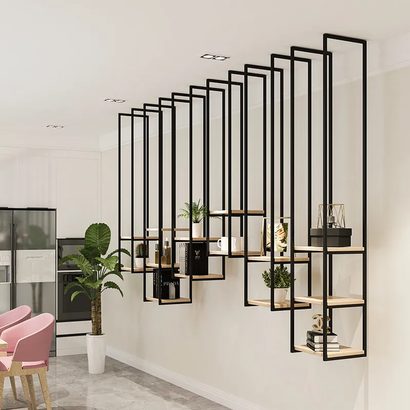 Nordic solid wood multi-layer frame hanging frame wrought iron double-layer shelf restaurant bar living room green plant double-