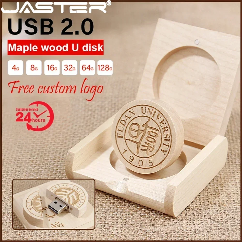 JASTER Wood Round USB 2.0 Flash Drives 128GB Free Custom Logo Memory Stick 64GB 32GB 16GB Pen Drive Creative Gift U Disk 8GB 4GB