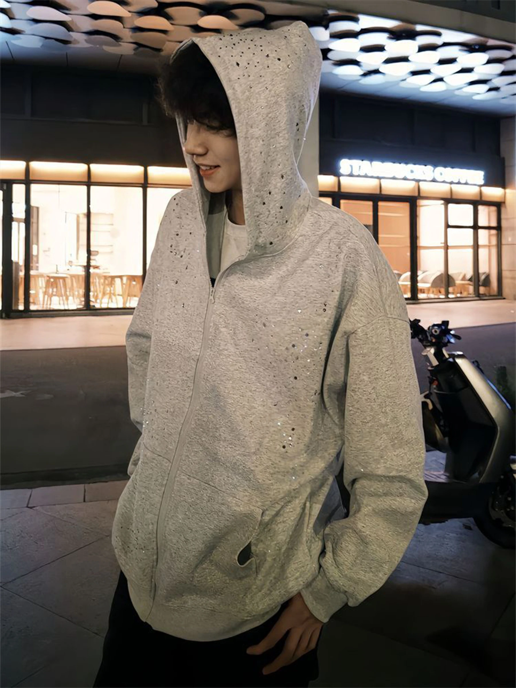 American High Street Starry Sky Rhinestone Hooded Sweatshirt Men Autumn Winter Gray Heavy Craft Cardigan Zipper High-end Jacket