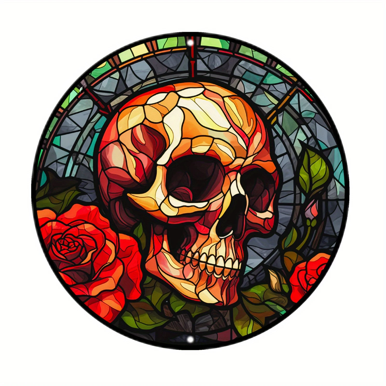 1 Stück Totenkopf- und Rosen-Buntglas-Stil, Aluminium-Metallschild – wasserfeste, UV-beständige runde Wandkunst für Haus und Garten – HD Pri