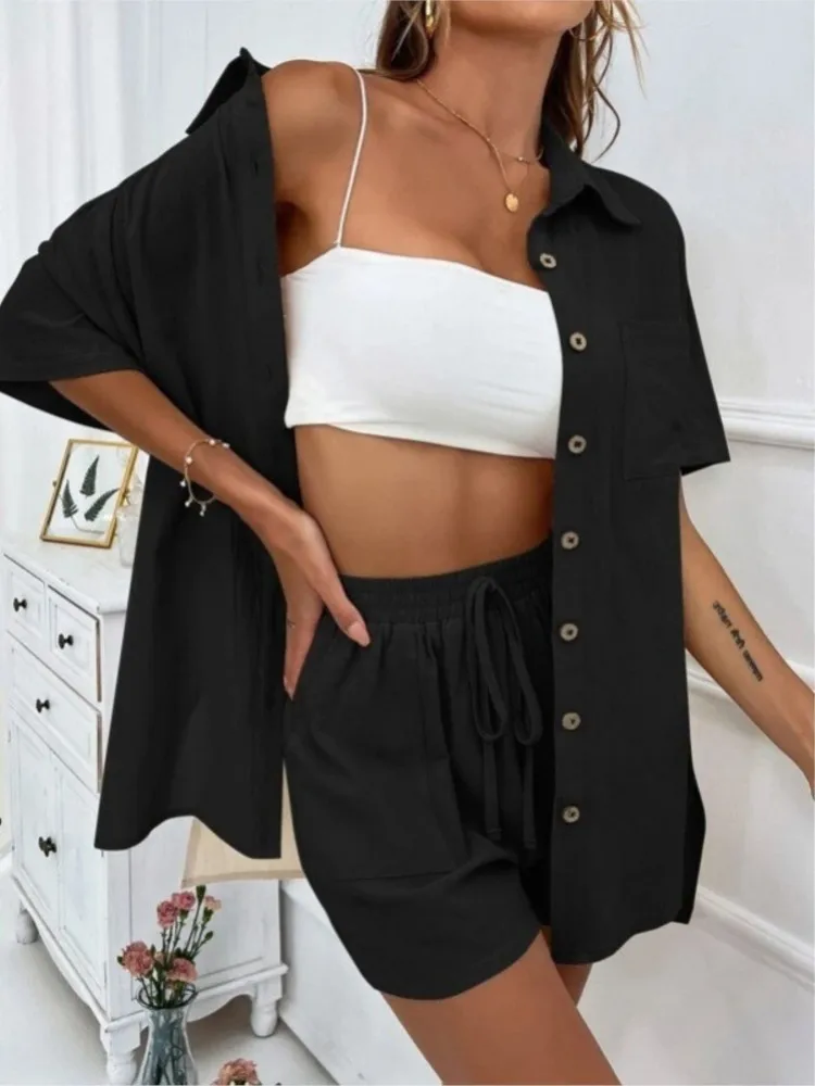 Casual Cotton 2 Piece Set Women Suit Fashion Short Sleeve Solid Color Shirt +loose Shorts Summer Office Lady Comfortable Sets