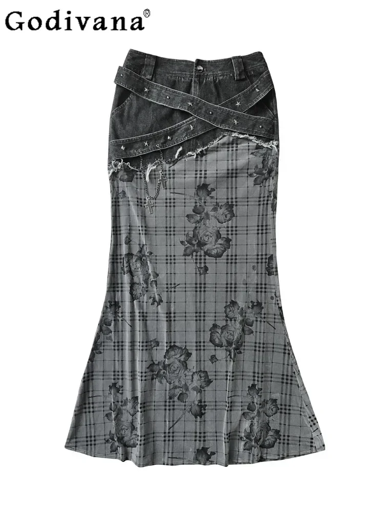 

Elegant Plaid Rose Denim Splicing Versatile Punk Skirt Summer New Black Personalized Girl Low Waist Fashion Fishtail Long Skirts