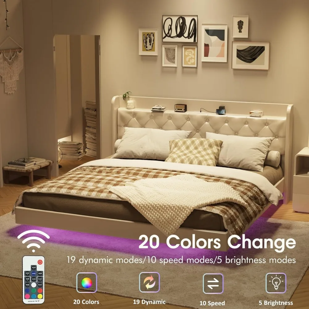 إطار سرير عائم بحجم كينج مع أضواء LED، سرير منجد بمنصة من جلد البولي يوريثان مع محطة شحن ولوح رأسي معنقدة بزر