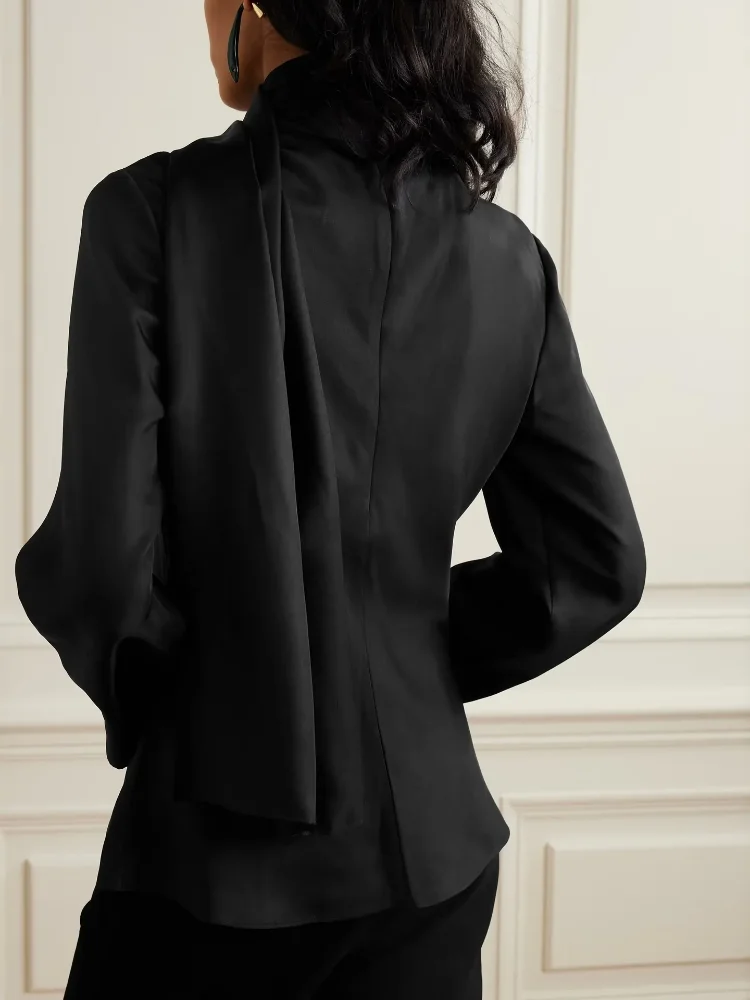

Lady Elegant Ribbon Satin Shirt Casual Solid Scarf Collar Flared Long Sleeves Loose Cropped Top 2026 New Commute Office Shirts