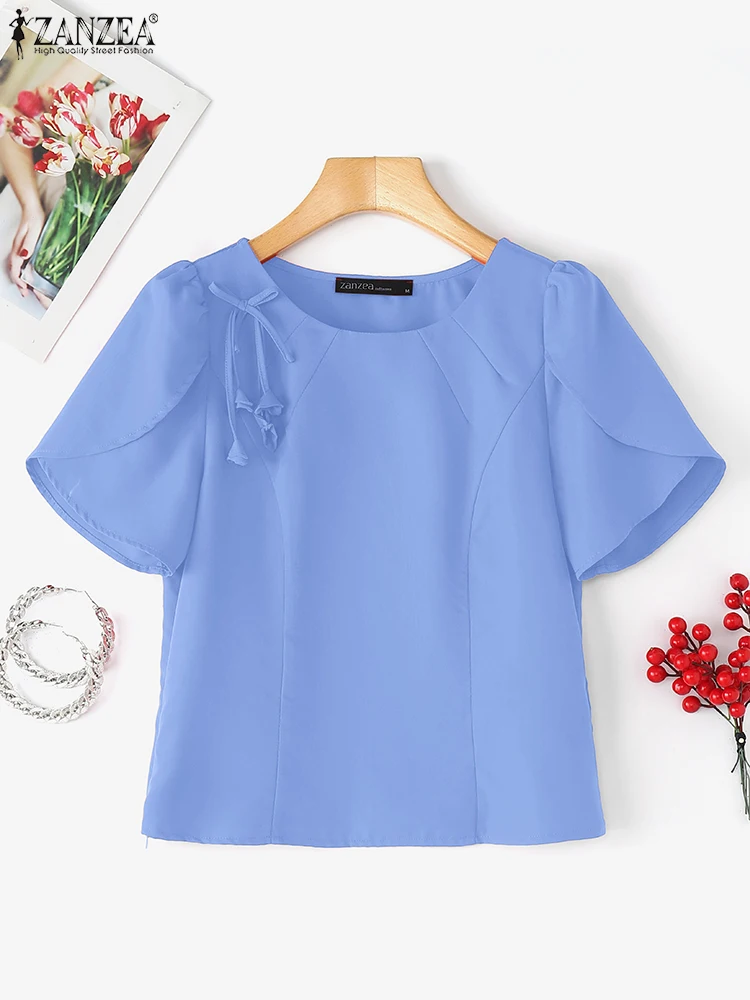 

2025 Fashion Lace-up Blouses Women Elegant Pleated Tops ZANZEA Casual Loose Blusas Summer O-Neck Bow Solid Color Pullover