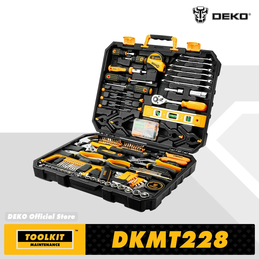 DEKO 228Pcs Socket Wrench Auto Repair Tool Combination Package Mixed Tool Set Hand Tool Kit with Plastic Toolbox Storage Case