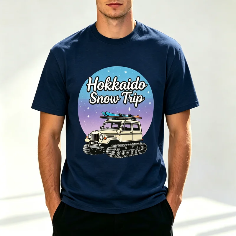 Hokkaido Retro Winter Snow Trip Grafik-Skiauto-Print Herren-T-Shirt aus Baumwolle mit kurzen Ärmeln, Freizeitkleidung für den Urlaub