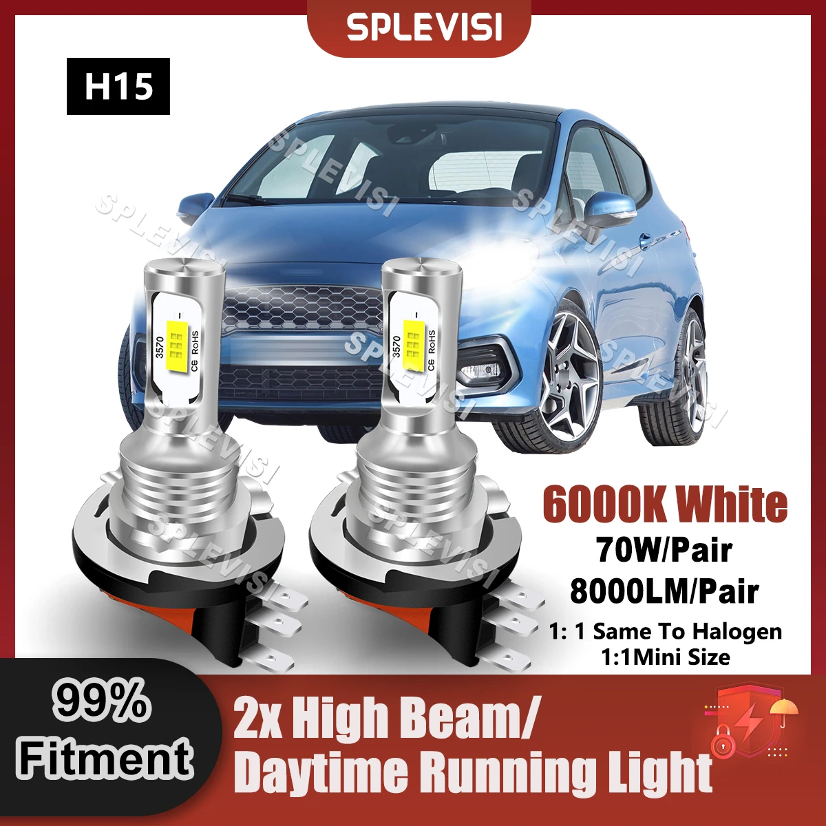 

Replace 2x LED H15 High Beam/Daytime Running Light 6000K HID White For Ford Transit MK8 2014 2015 2016 2017 2018 2019 2020 2021