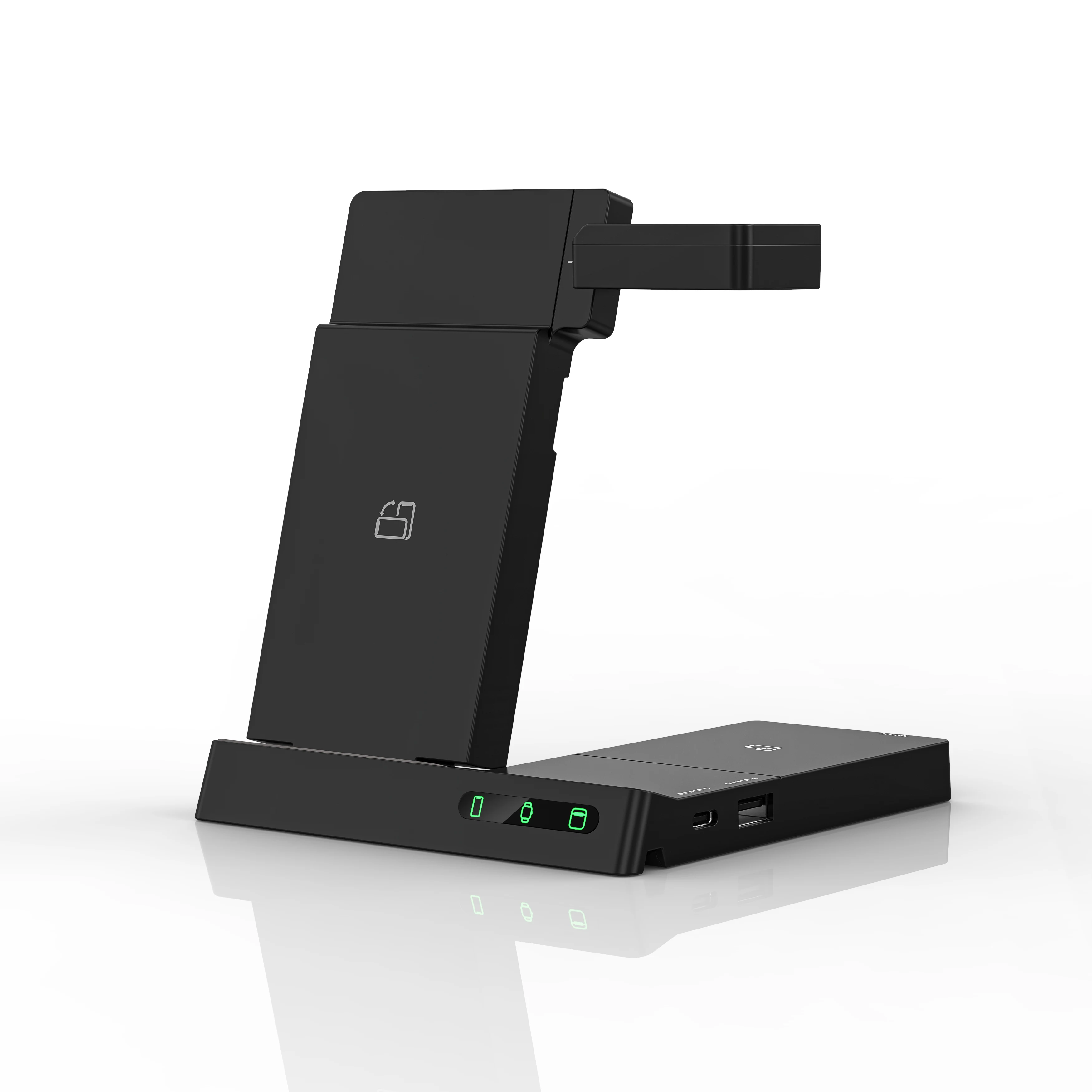 New foldable 3-in-1 wireless charger for Apple, Samsung, phones: multi-functional and portable.