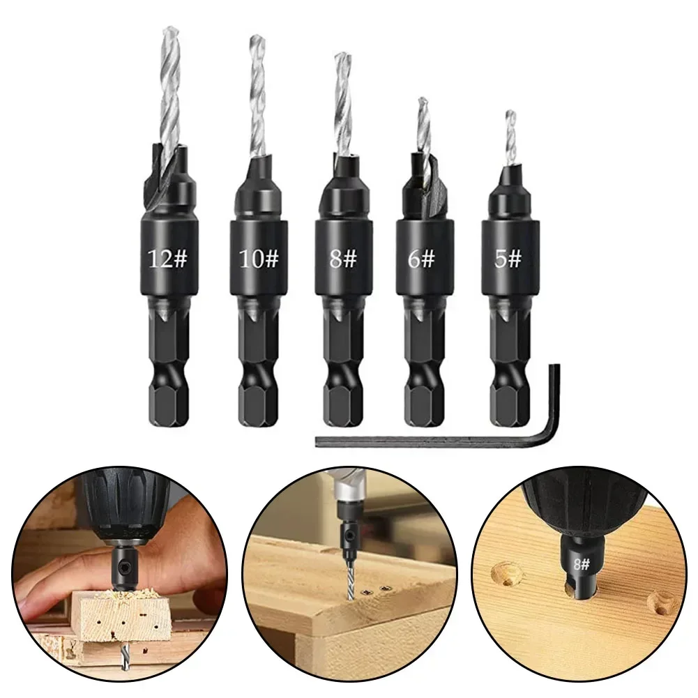 5pcs Hex Shank Quick Change Countersunk Drill Bit Woodworking Limiter Hole Opener Woodworking Router Bit Drilling Tools