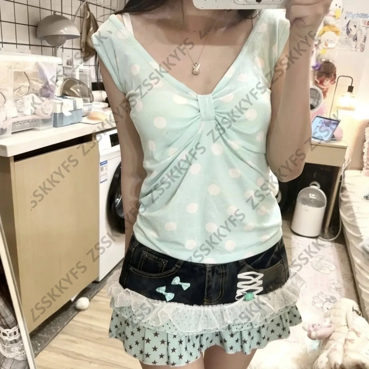 

2000s Star Y2k Lace Print Cuteore Mini Skirt Fashion Polka Dot Vintage Woman Denim Skirt High Waist Harajuku Summer Clothing emo
