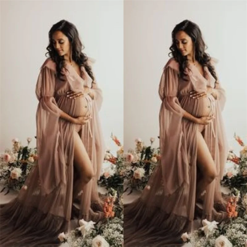 Abiti premaman da donna Champagne per servizio fotografico morbido Tulle Sexy Split Baby Shower fata gravidanza abito da sera da sera su misura