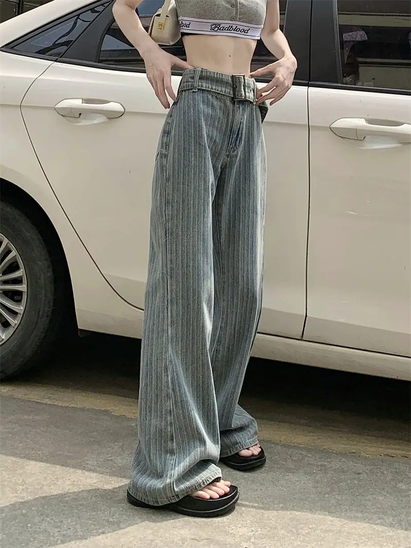 

Vertical Striped Temperament Straight Leg Jeans For Women In Spring Loose Fit High Waist Wide Legs, Versatile Floor Length Pants