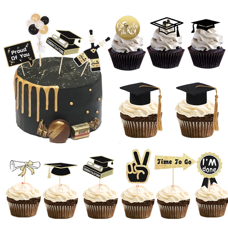 12/5pcs Congrats Graduation Cake Topper Class Of 2025 Bachelor Cap Cupcake Topper Graduation Party Decoration Dessert Accessorie