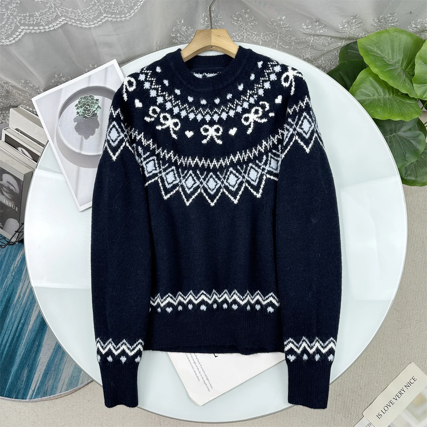 

Свободный женский вязаный свитер с узором Fair Isle, в непринужденном стиле, новинка зимы, универсальный топ с длинным рукавом и круглым вырезом для девушек