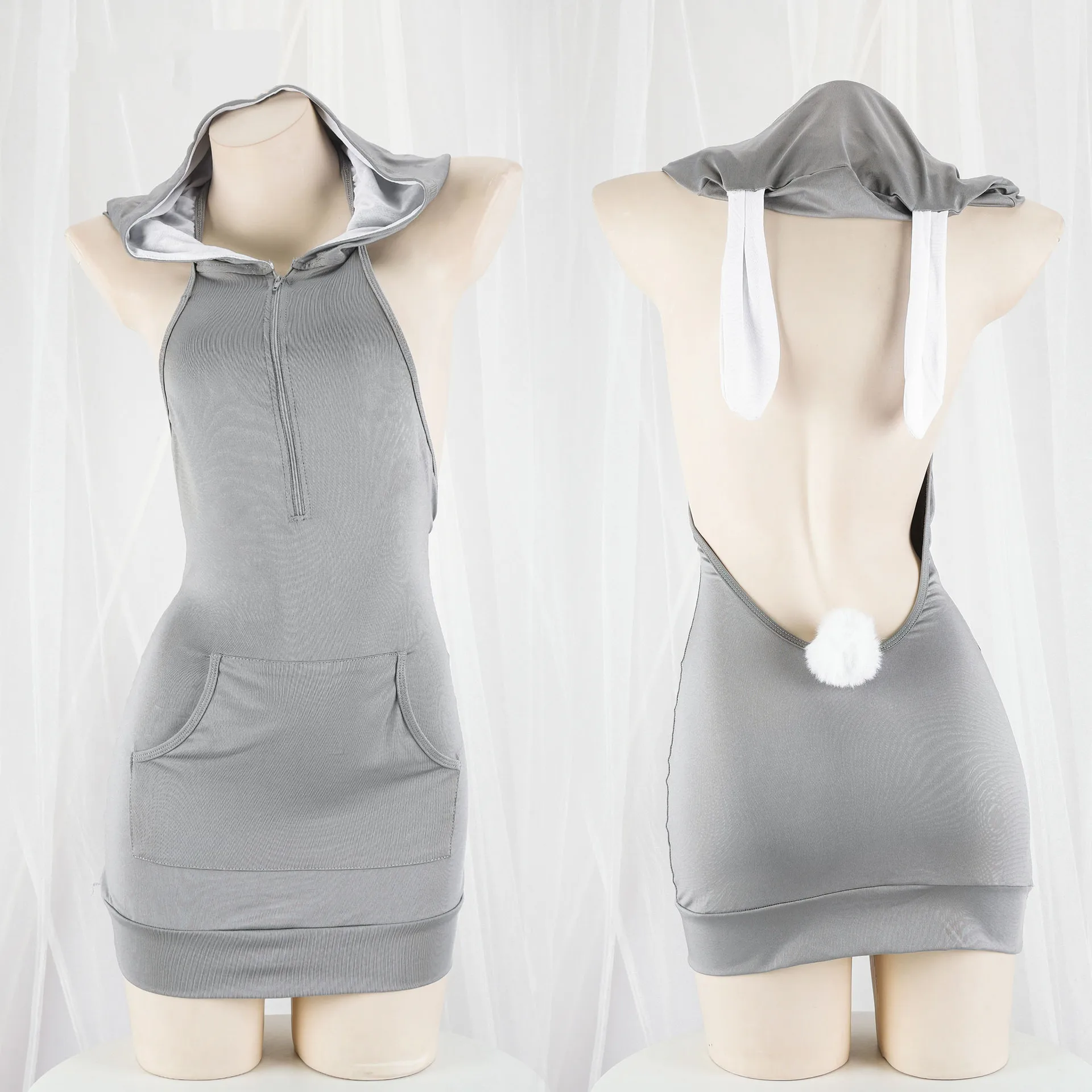 

Anime Bunny Girl Hooded Rabbit Ear Dress Unifrom Cosplay Women Backless Gray Sports Hoodies Outfits Costumes