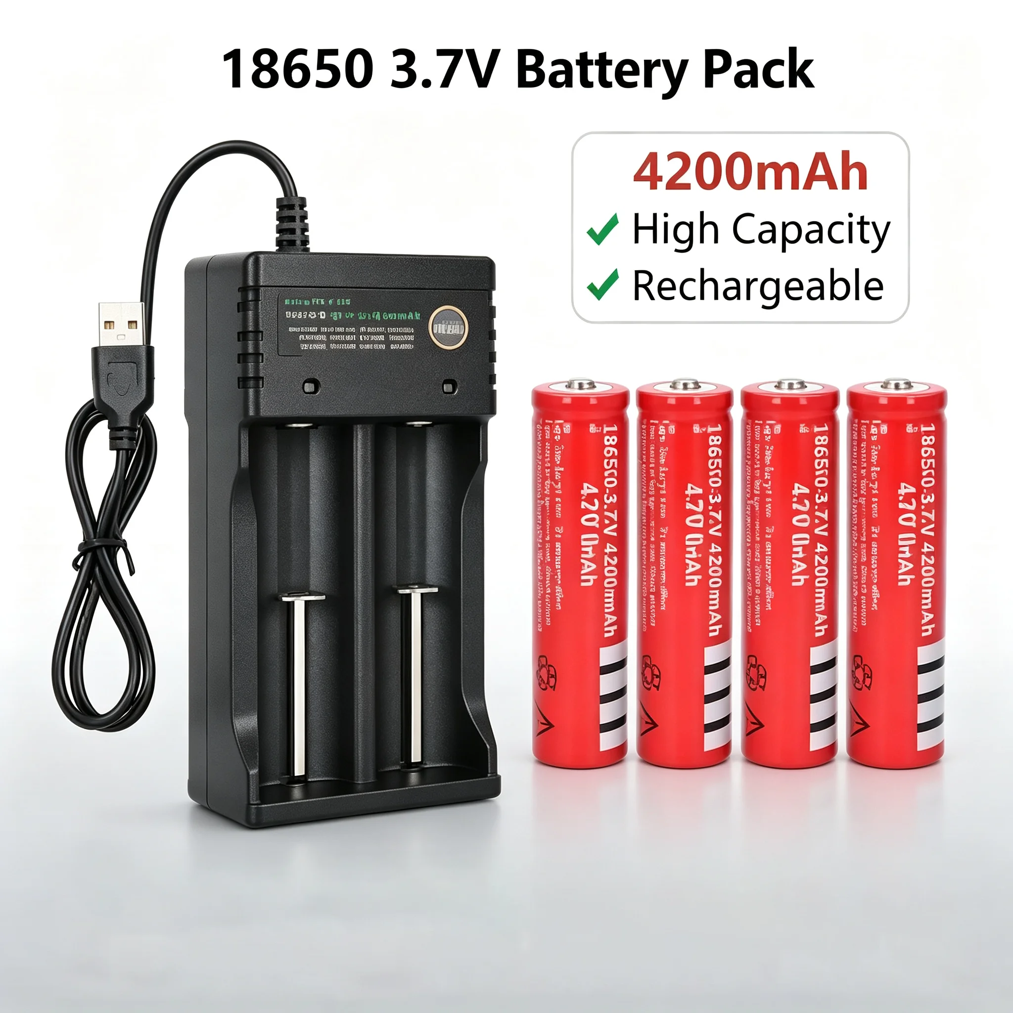 18650 4200mAh Rechargeable Li‑ion Battery 3.7V Flat‑Top Cell Optional USB Dual‑Slot Charger For Flashlight DIY Project