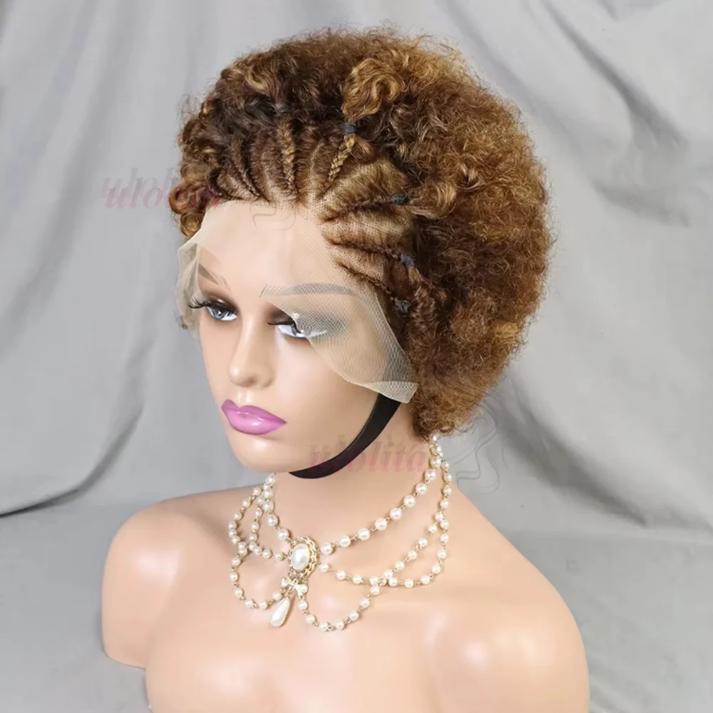 Highlight Ombre Geflochtene Perücken Echthaar Afro Puff Lace Frontal Haarperücken Afro Kinky Curly Echthaar 13x4 Lace Front Vorgeflochten – Detail 3