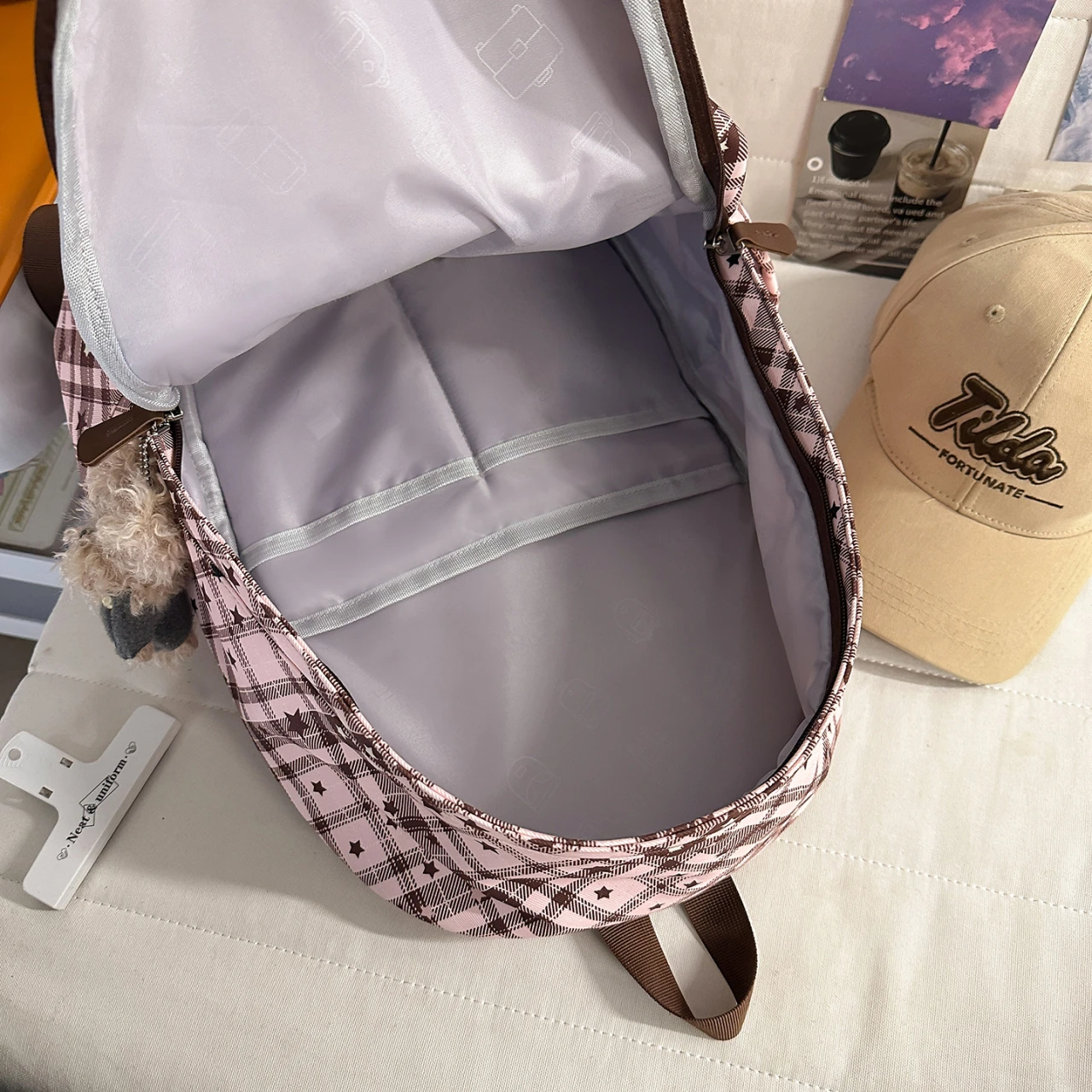 LEFTSIDE Women's Plaid Star Print Canvas Backpack Plush Charm Adjustable Casual Daily School Bag 2026 New Trend Casual Back Pack image 6