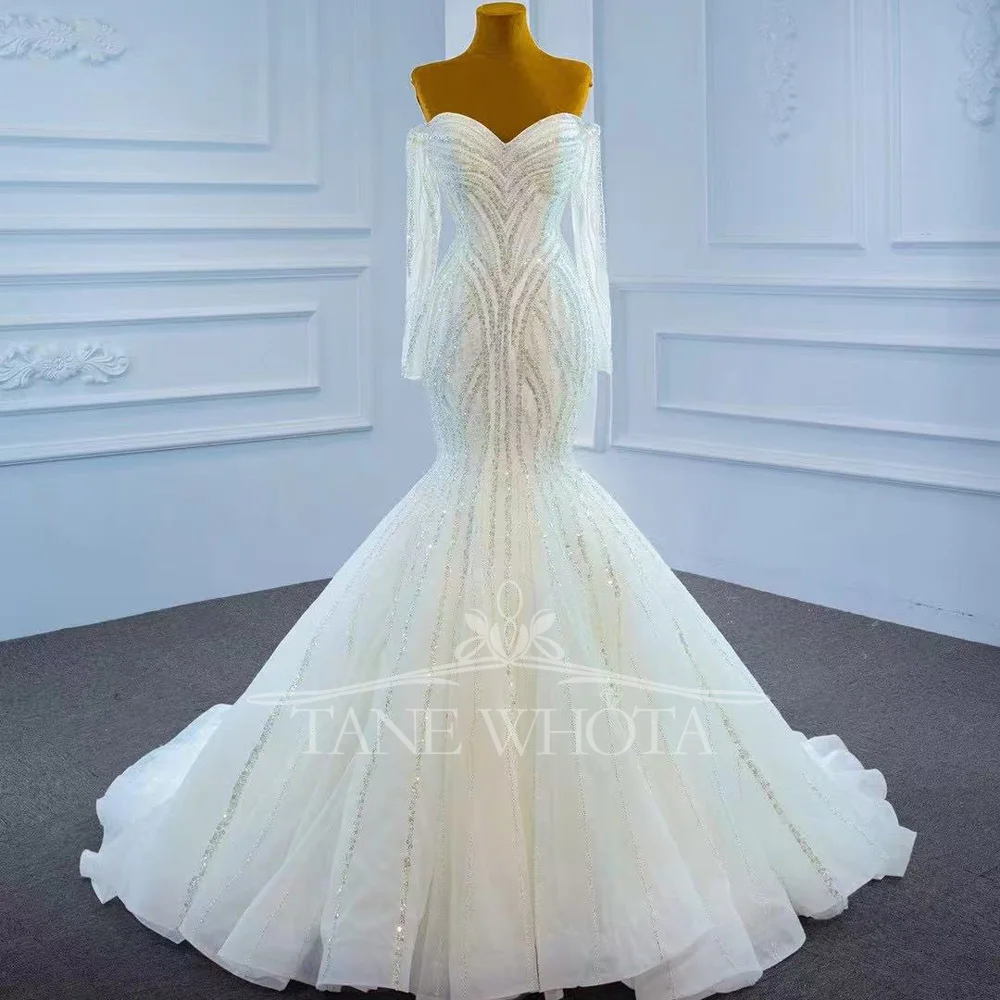 Gaun Pengantin Putri Duyung Cocok Mewah Putih dengan Manik-manik Berpayet Punggung Berenda Lengan Panjang Sayang Gaya 2025 Dapat Disesuaikan