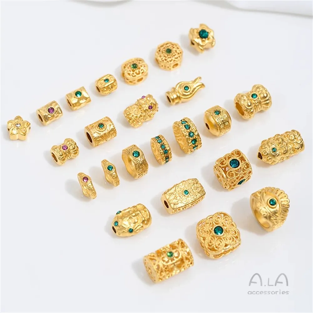 

Vietnam Sand Gold Jewelry with Red Treasure Green Diamond Beads, Cylindrical Barrel & Cloud Spacer Beaded Ring Accessories