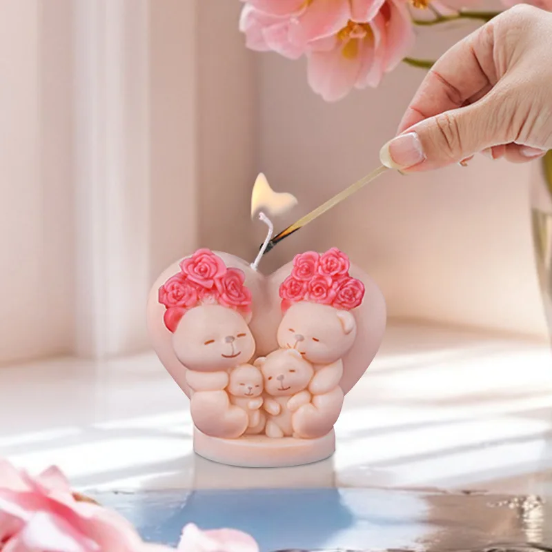 Love Bear Aromatherapy Candle Molds DIY Valentine\'s Day Love Rose Silicone Mould Gypsum Resin Pouring Tool for Gift Decoration