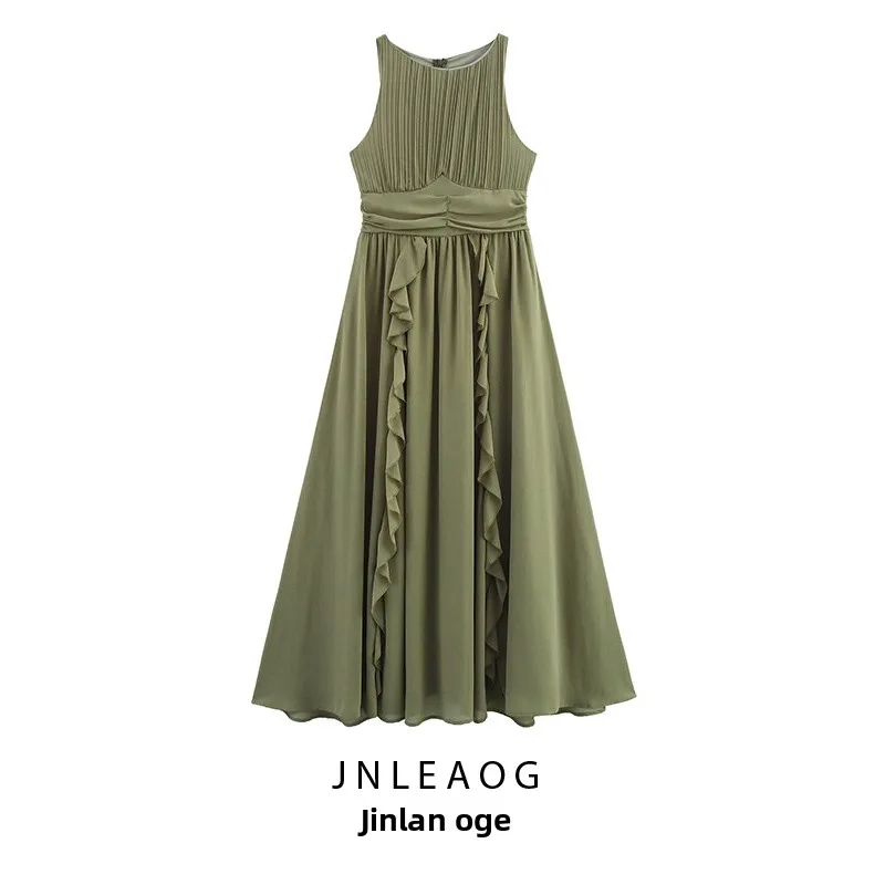 Vestido Longo E Sem Mangas com Barra em Camadas para Mulheres, Moda Primavera, Nova Chegada, Fibra de Poliéster, Cintu...