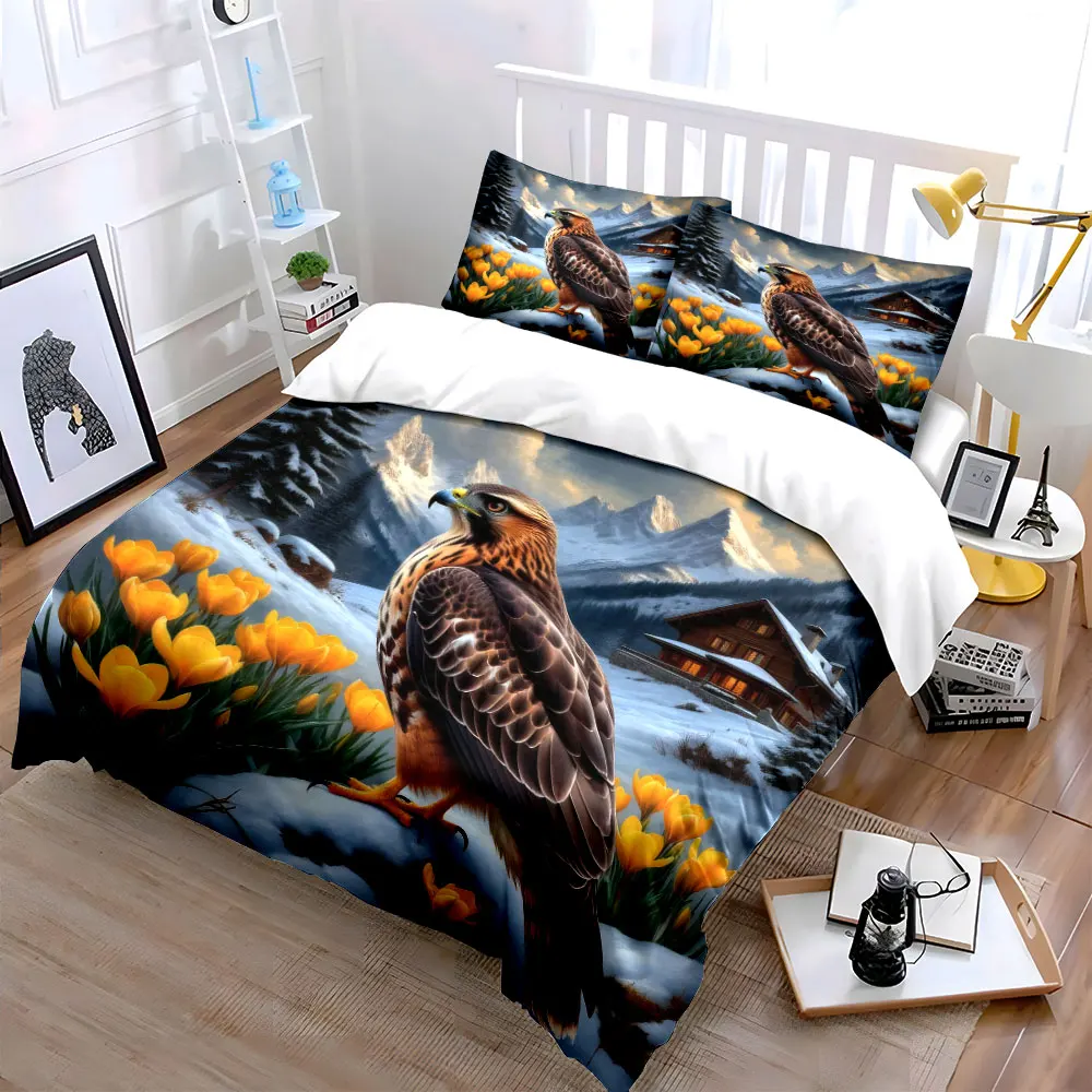 3Pcs Red Eagle Snow Mountain Floral Duvet Cover Set, Rustic Alpine Cabin Wild Crocus Bedding, Gift