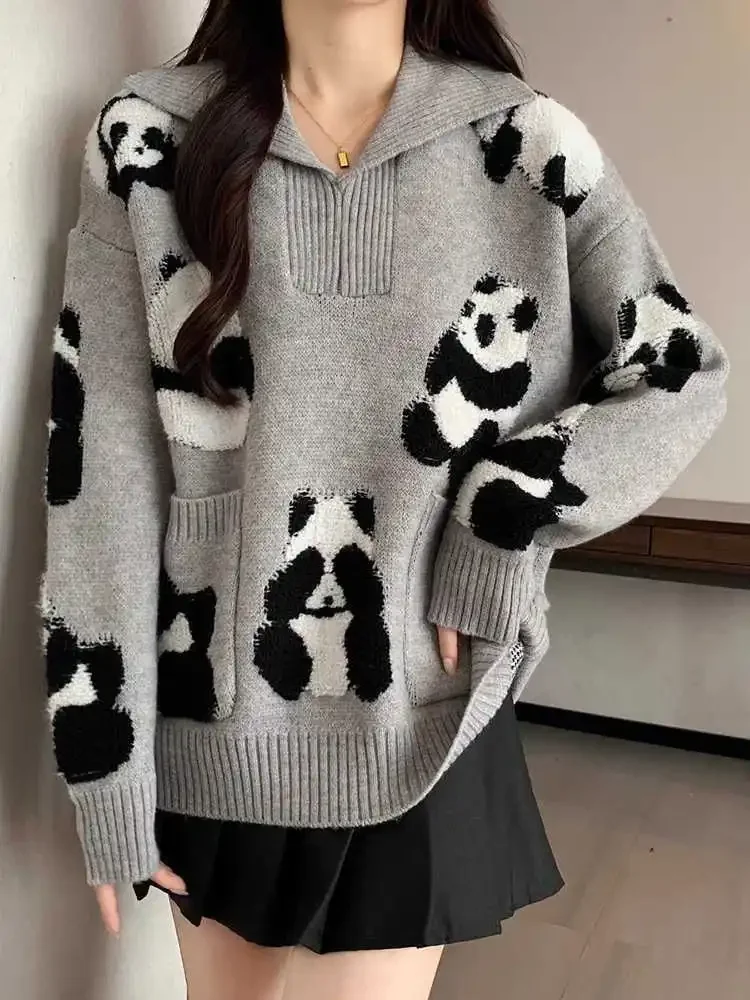 Kimotimo Gray Panda Jacquard Sweaters Women 2024 Autumn Winter Lapel Lazy Loose Pullover Fashion Sweet Long Sleeve Knitted Tops