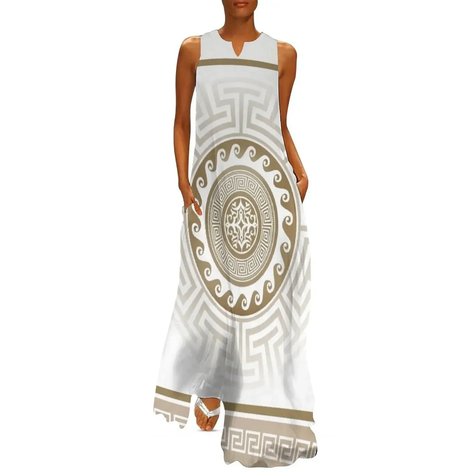 

Greek Key Meander Bronze White Long Dress dresses for women 2025 Dress women Dance dresses Dress