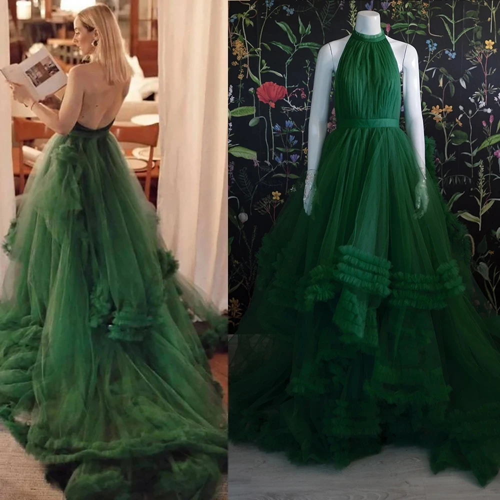 

Green Halter Backless Tutu Princess Evening Birthday Plus Size Colorful Customized High Split Ruffled Puffy Photography Dress
