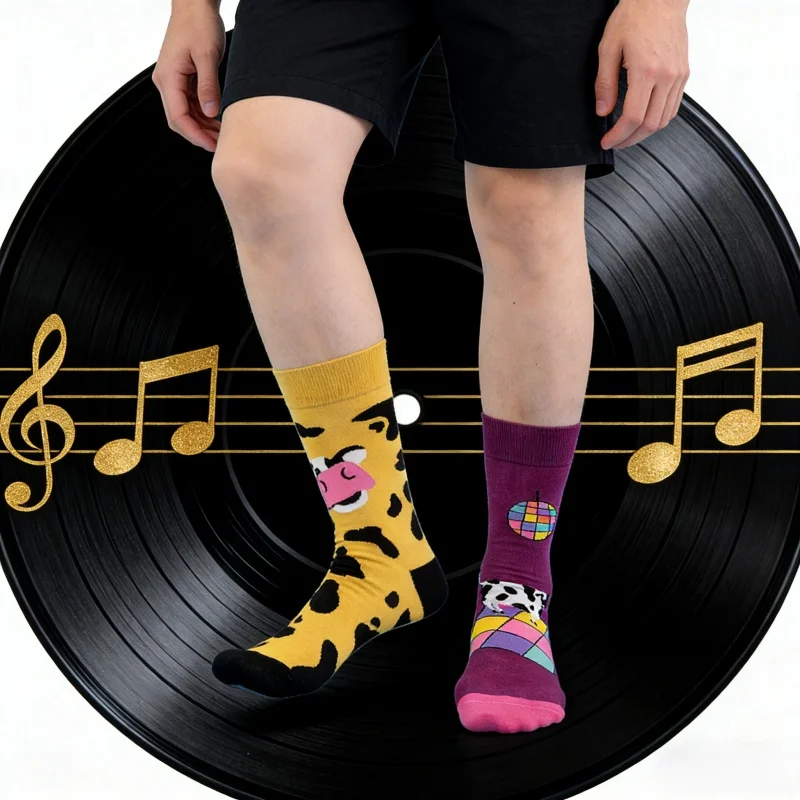 1 pair Men's Playful Cow Socks Yellow-Purple Music Element Contrast Color Daily Casual Trendy Socks