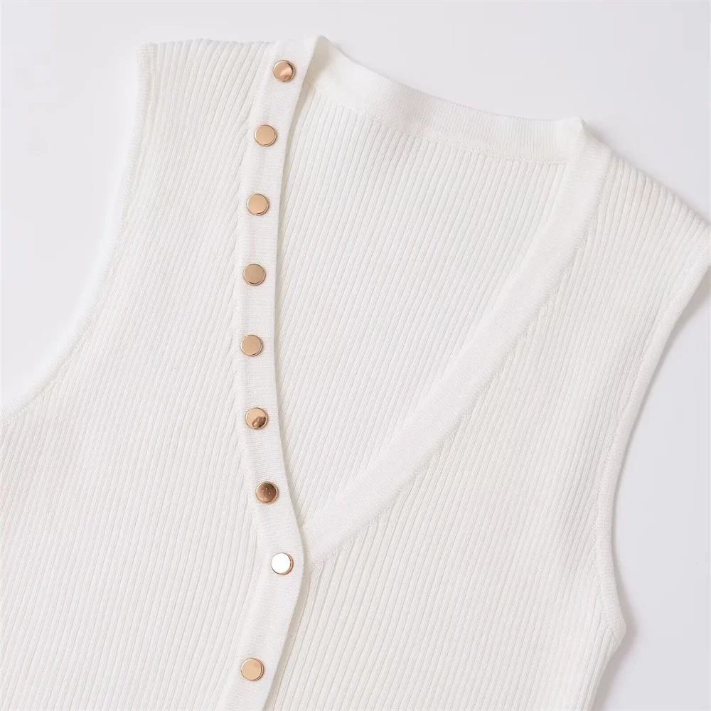 TRAF Autumn New Product Women\'s Gold Buckle Decoration Flat Needle Sleeveless V-neck Knitted Vest Top