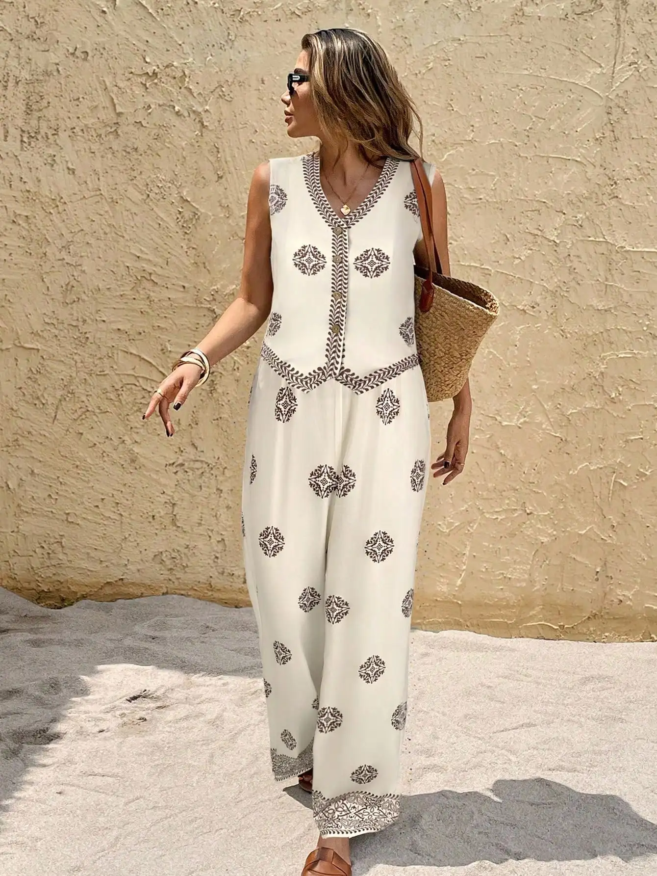 

Boho Print Sleeveless Tank Top And Wide Leg Pants Set Summer Casual Vacation Resort Outfit