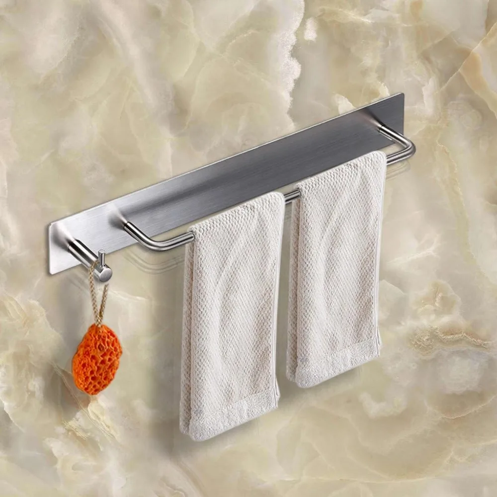 towel bar rack with hook, 13.38 inch 3m self adhesive stainless steel towel holder organizer for bathroom kitchen bedroom, brus