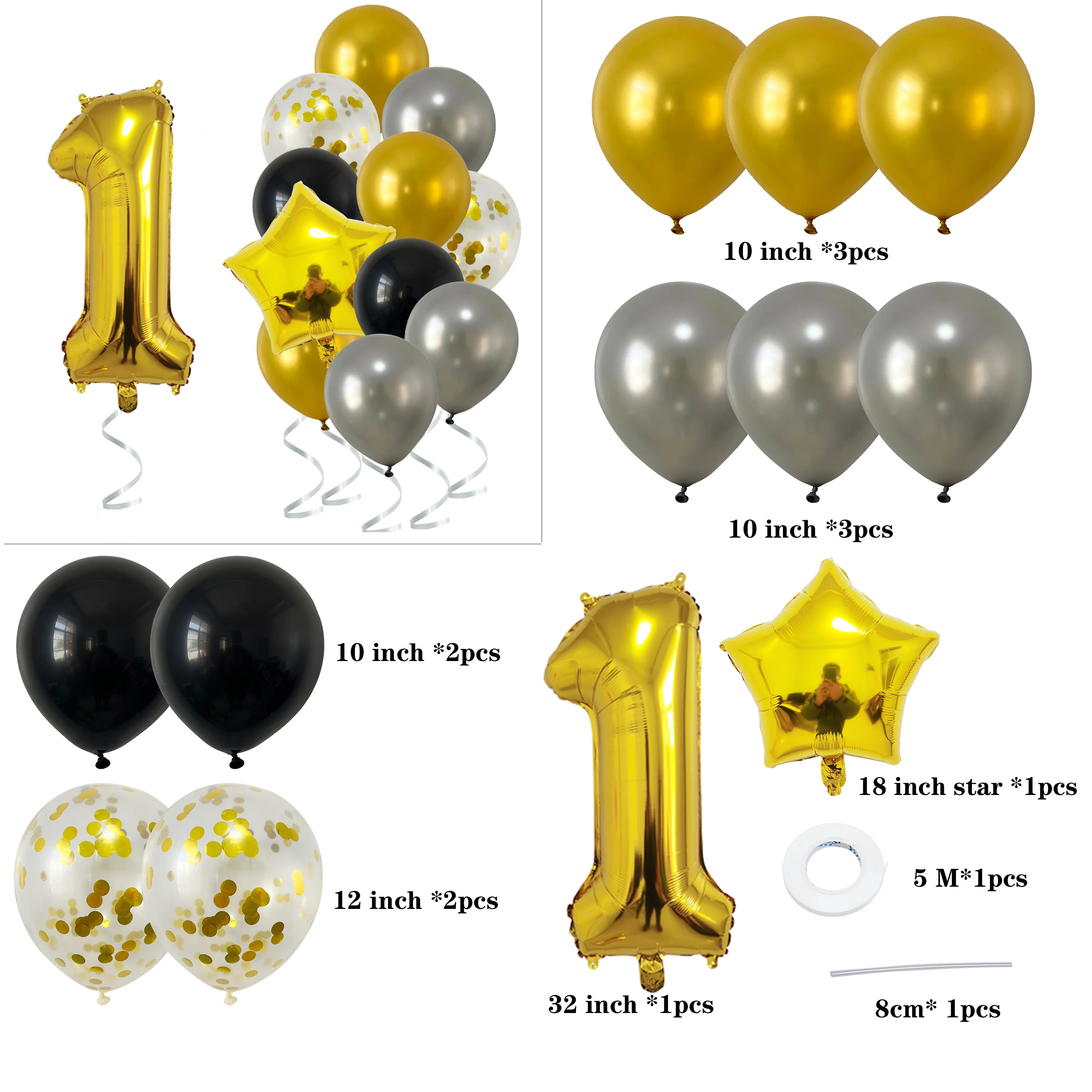 14 Pcs Gold Silver Black Mixed Balloons 1 2 3 4 5 6 7 8 9 Years Old Birthday Party Decoration Kids First Birthday Decor supplies