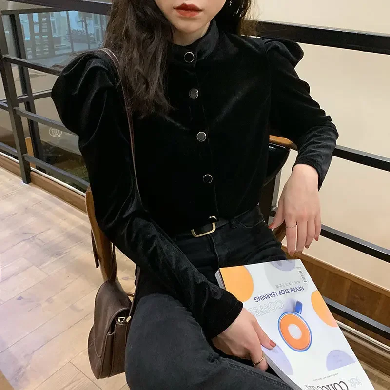 Office Lady Casual T Shirt New Fashion 2023 Black Vintage Chic Basic Solid Velvet Tops Puff Sleeve Sweet Stylish All-Match Loose