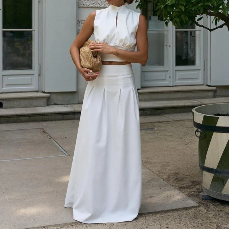 

Tuularose White Casual Dress Set Sexy Sleeveless Lace-up Backless Top Loose Long Skirt Set Fashion Elegant Party Women Dress Set
