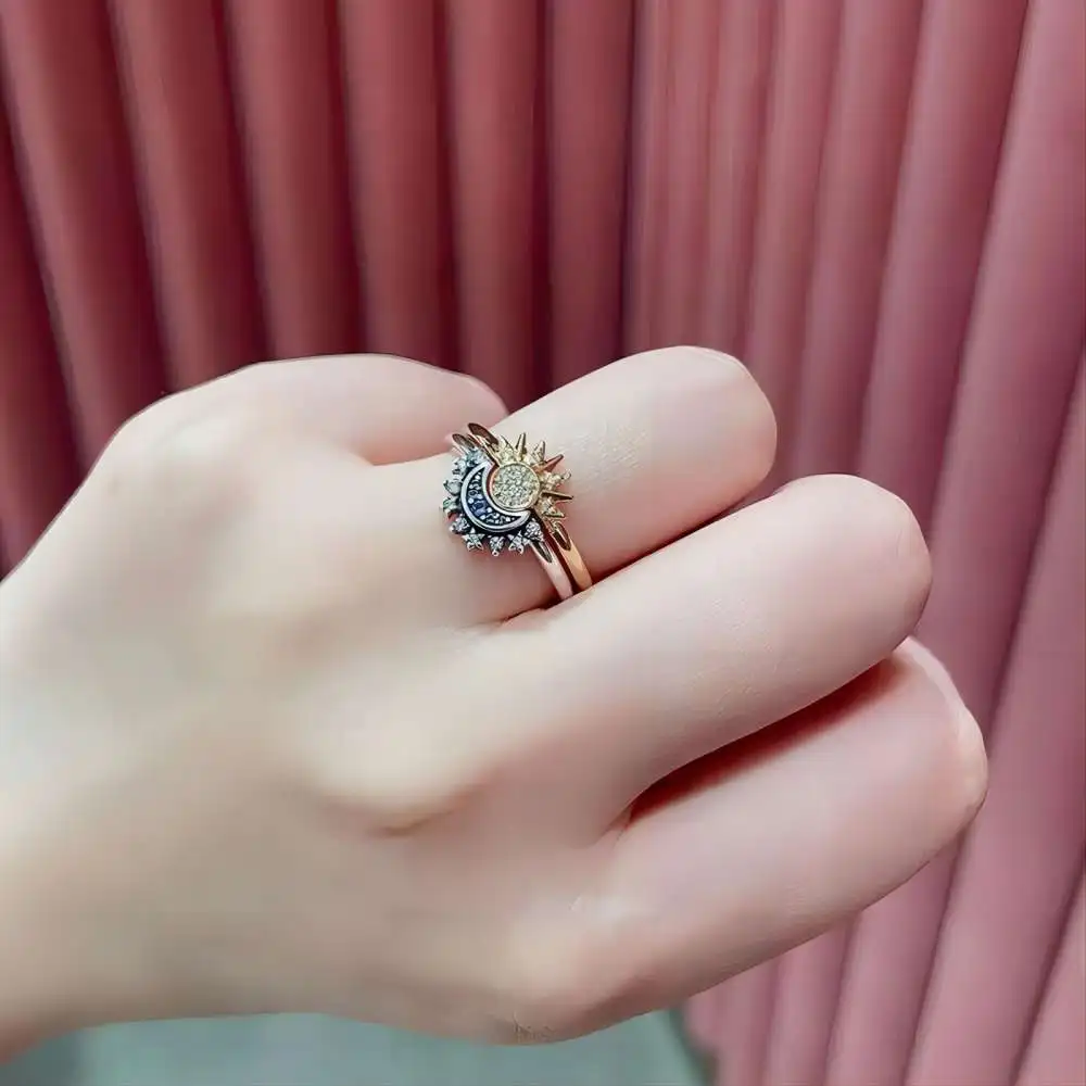 Fashion charm temperament 24K gold sun 925 silver moon full of diamonds couple ring, commuting hundred couples love jewelry