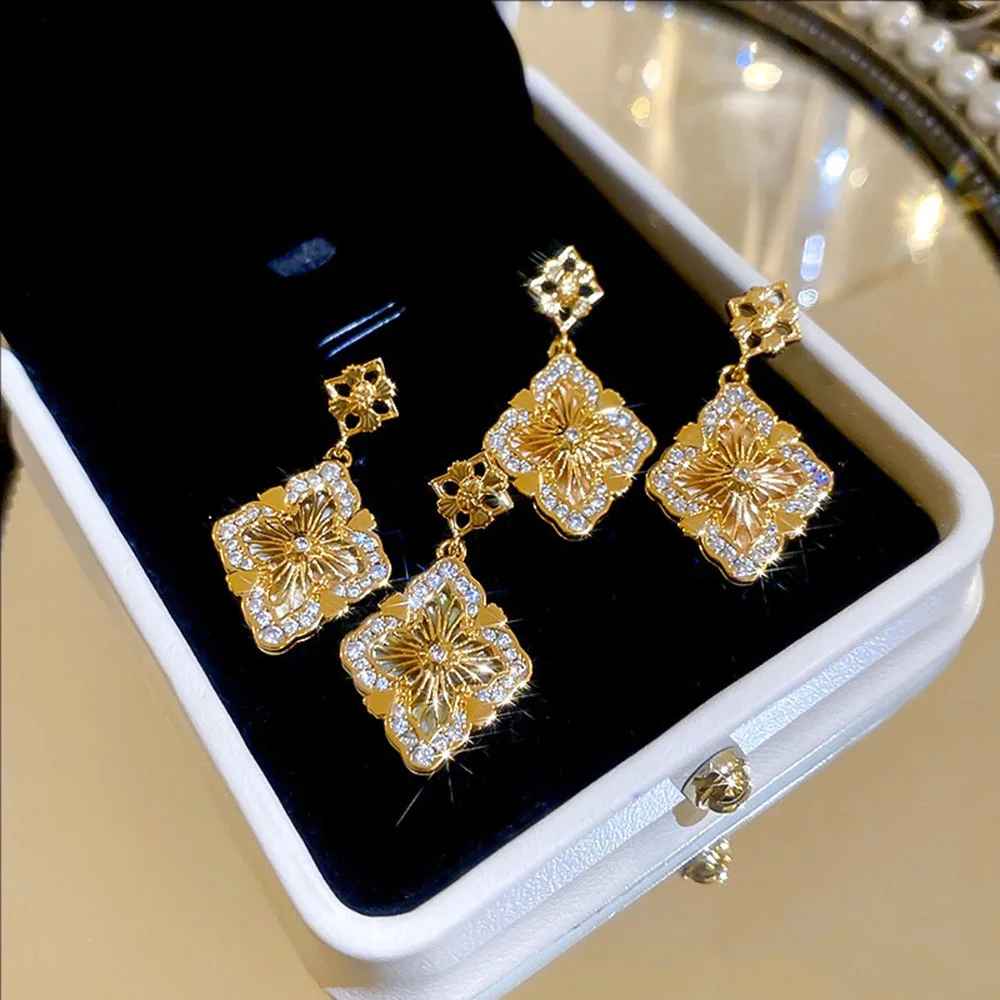 أقراط متدلية من الزركون على شكل زهرة فضية مطلية بالذهب الحقيقي، مجوهرات فاخرة خفيفة الوزن للنساء #4