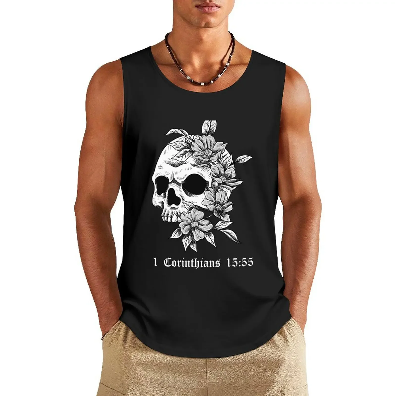 

Skull with flowers 1 Corinthians 15:55 Tank Top gym Men gym sportswear