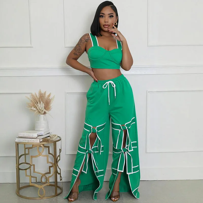 

Streetwear 2 Piece Set Y2K Woman Outfit 2025 Club Party Vest Crop Top and Drawstring Waist Lace-up Wide Leg Pants Matching Sets