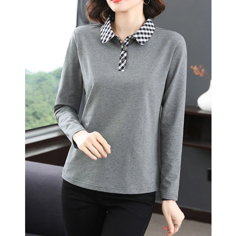 Women\'s Clothing Korean Fashion Plaid Patchwork Elegant Polo Collar T-shirts Spring Autumn Casual Long Sleeve Loose Cotton Tops