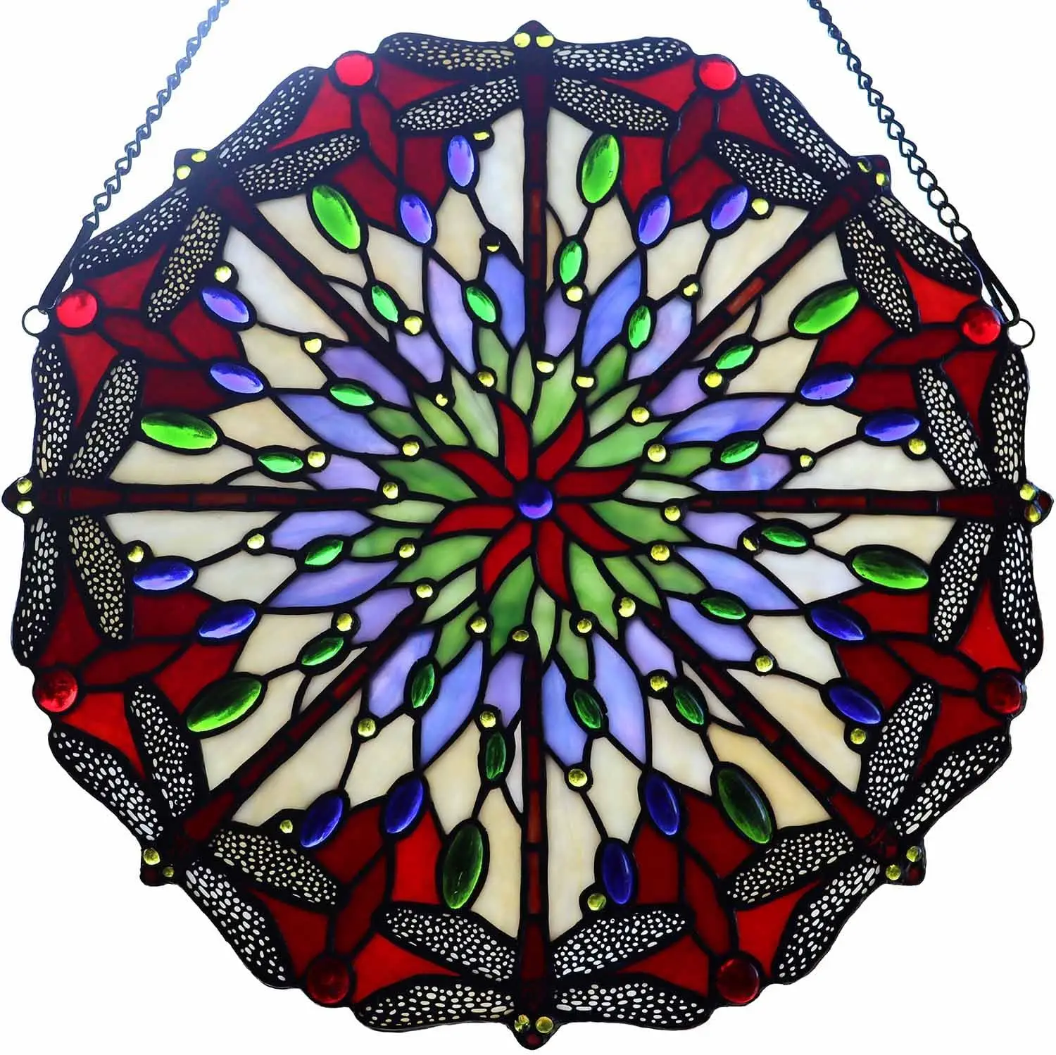 

W10104 Dragonfly Tiffany Style Stained Glass Window Panel with Chain, Round Shape (Red, 15.75" Wide)