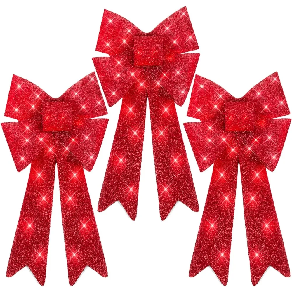 Set of 3 Bows Pre-Lit Christmas Bow Decoration, Indoor/Outdoor LED Holiday Décor w/ 30 Lights, Outdoor Battery Box