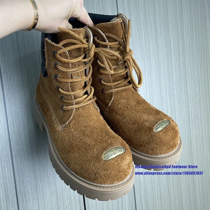 Red Suede Thick Sole Men's Boots Round Toe Platform Lace Up Ankle Booties Luxury Designer Trendy Height Increasing Men's Boots view 2