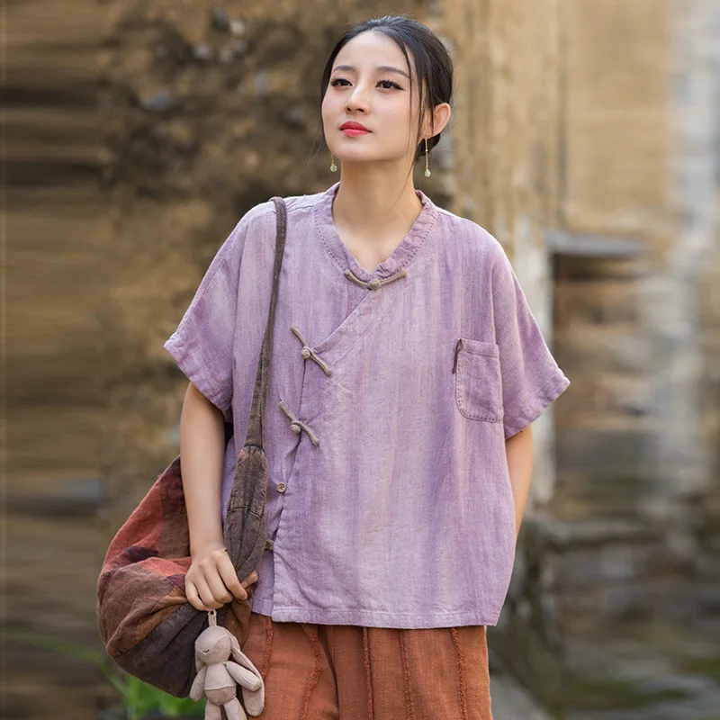Autumn Linen Blouse: Tie-Dye, Hand-Stitched, Diagonal Placket & Frog Buttons, Designer New Chinese Style.