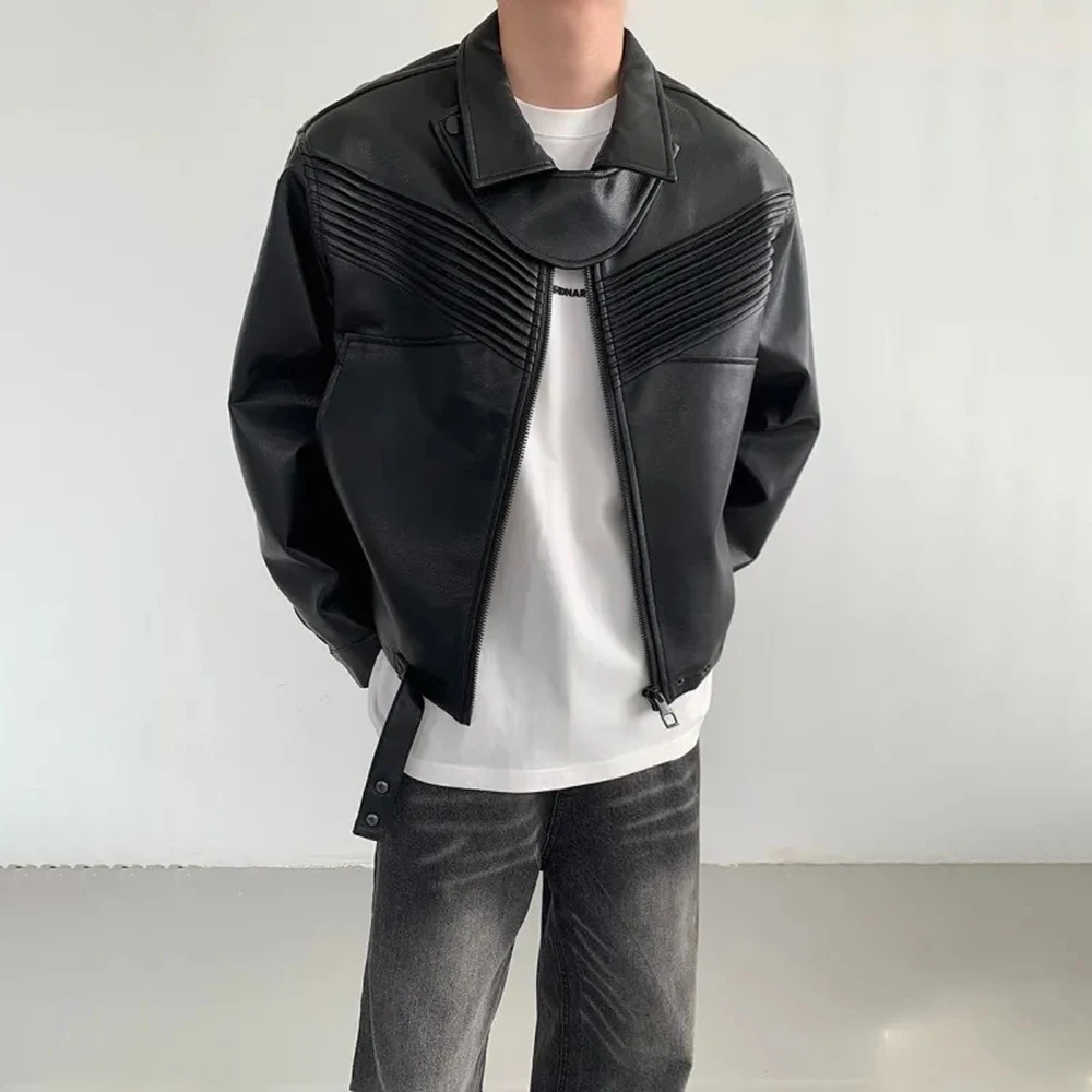 Mens Pu Jacket Pleated Soft Short Jacket Autumn Streetwear Fashion Trend All-Match Casual Biker Jacket Men'S Clothing 2024